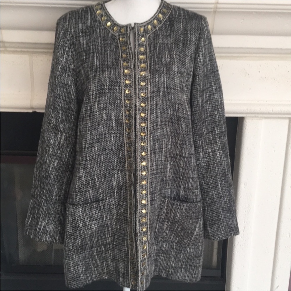 Chico's Black and Gray Tweed long jacket with Citrone jewels accents